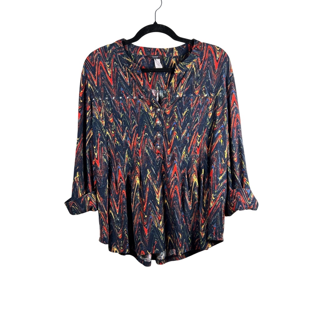Cocomo petite XLP Blouse Womens Multicolor Abstract Roll Tab Sleeve VNeck office